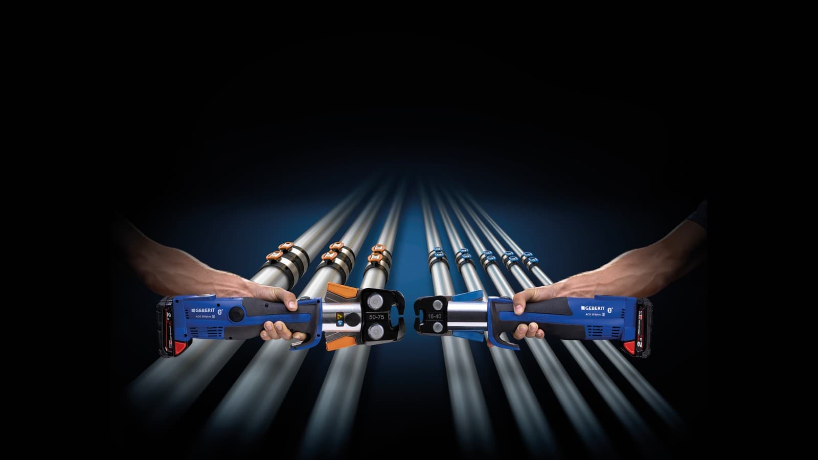 Barvno kodirano ujemanje stiskalne čeljusti z dimenzijami fitingov Geberit FlowFit Barvno kodirano ujemanje stiskalne čeljusti z dimenzijami fitingov Geberit FlowFit